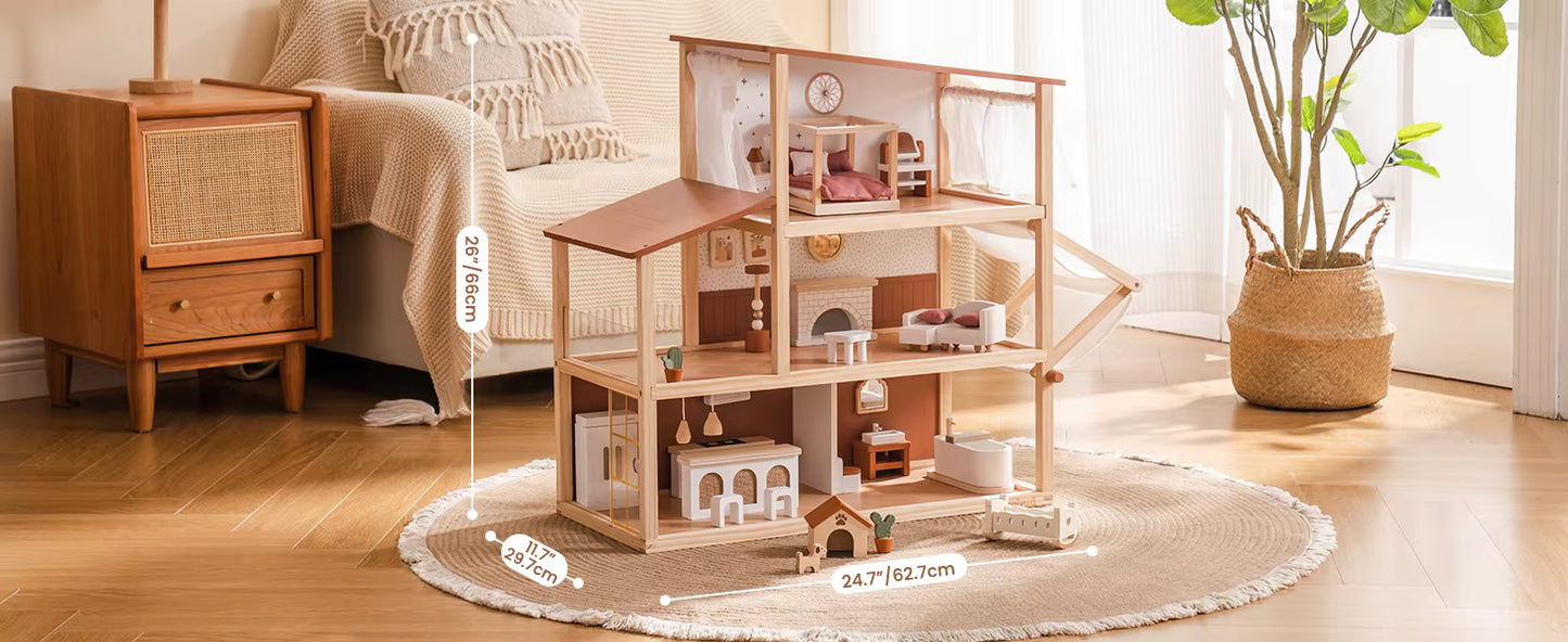 Wooden Bohemian Dollhouse With Accessories
