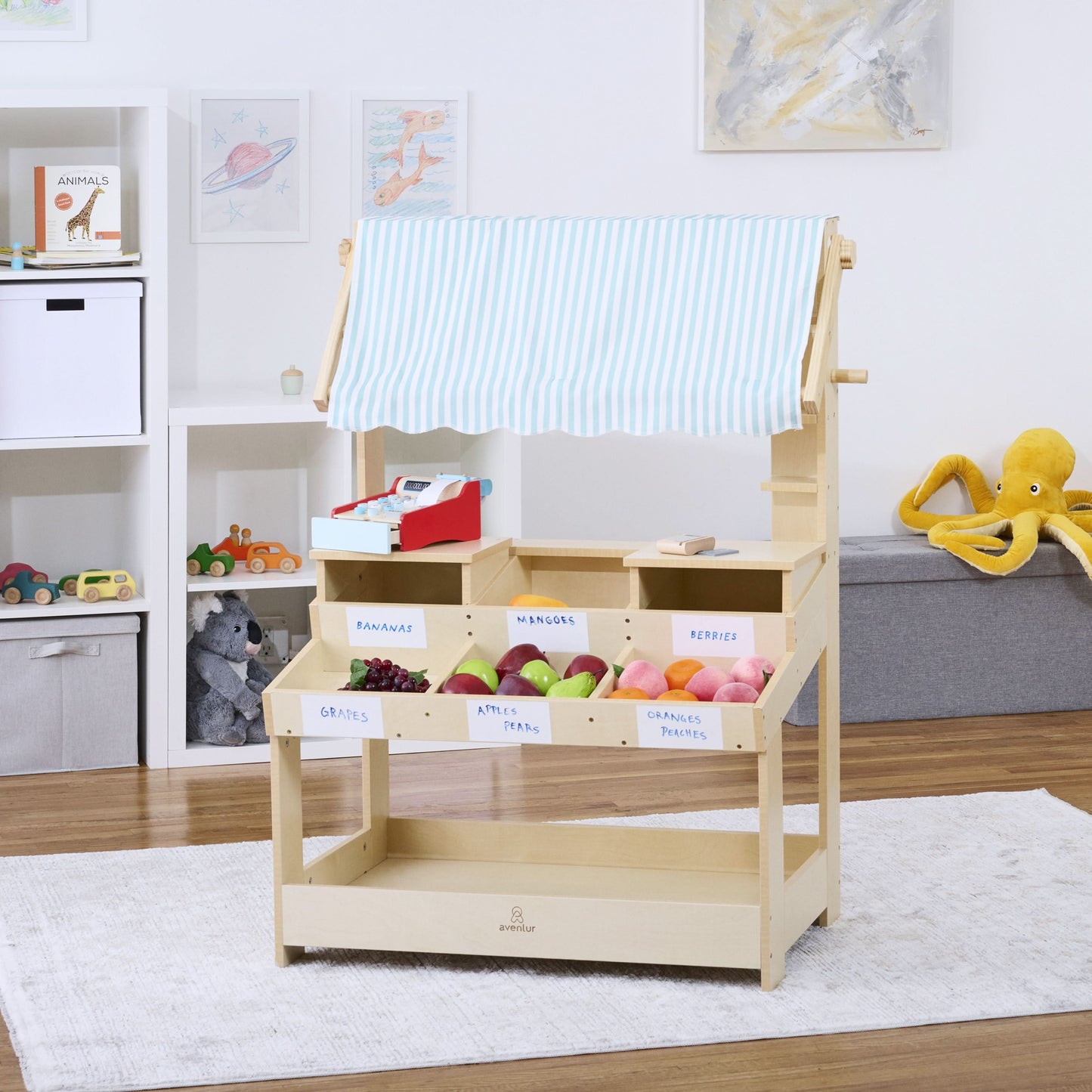 Wooden Market Stand – Pretend Play Shop for Kids with Storage