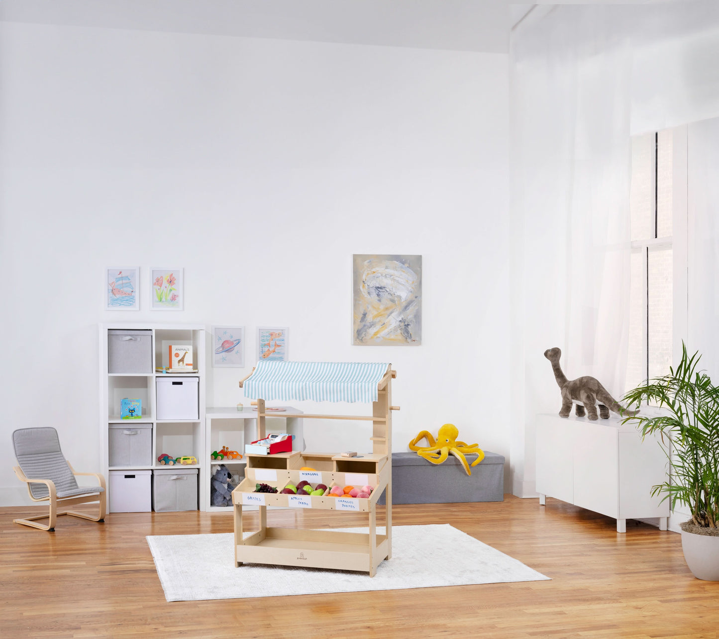 Wooden Market Stand – Pretend Play Shop for Kids with Storage