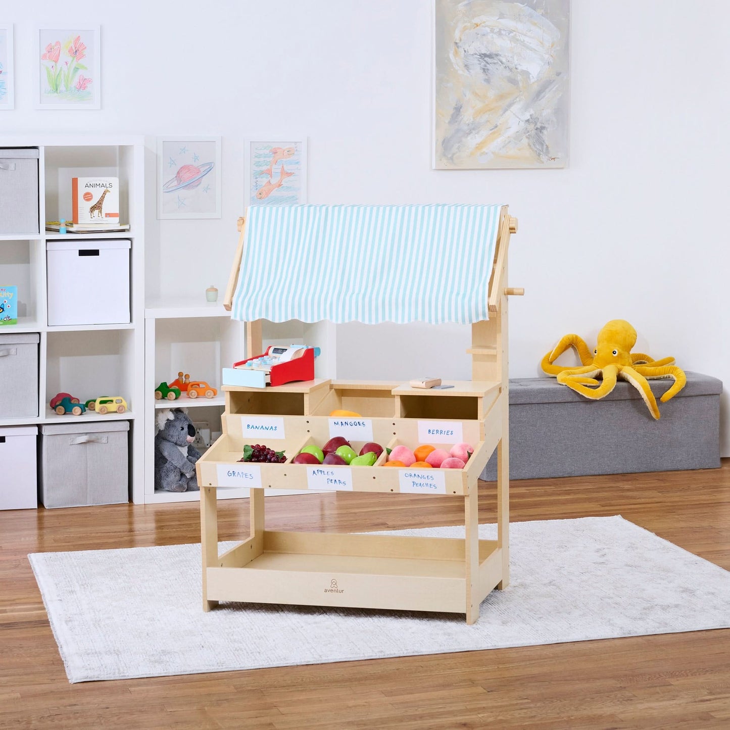 Wooden Market Stand – Pretend Play Shop for Kids with Storage