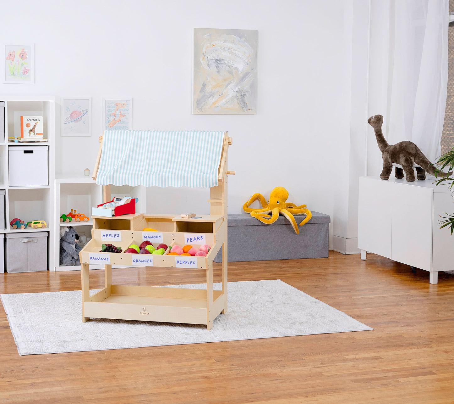 Wooden Market Stand – Pretend Play Shop for Kids with Storage