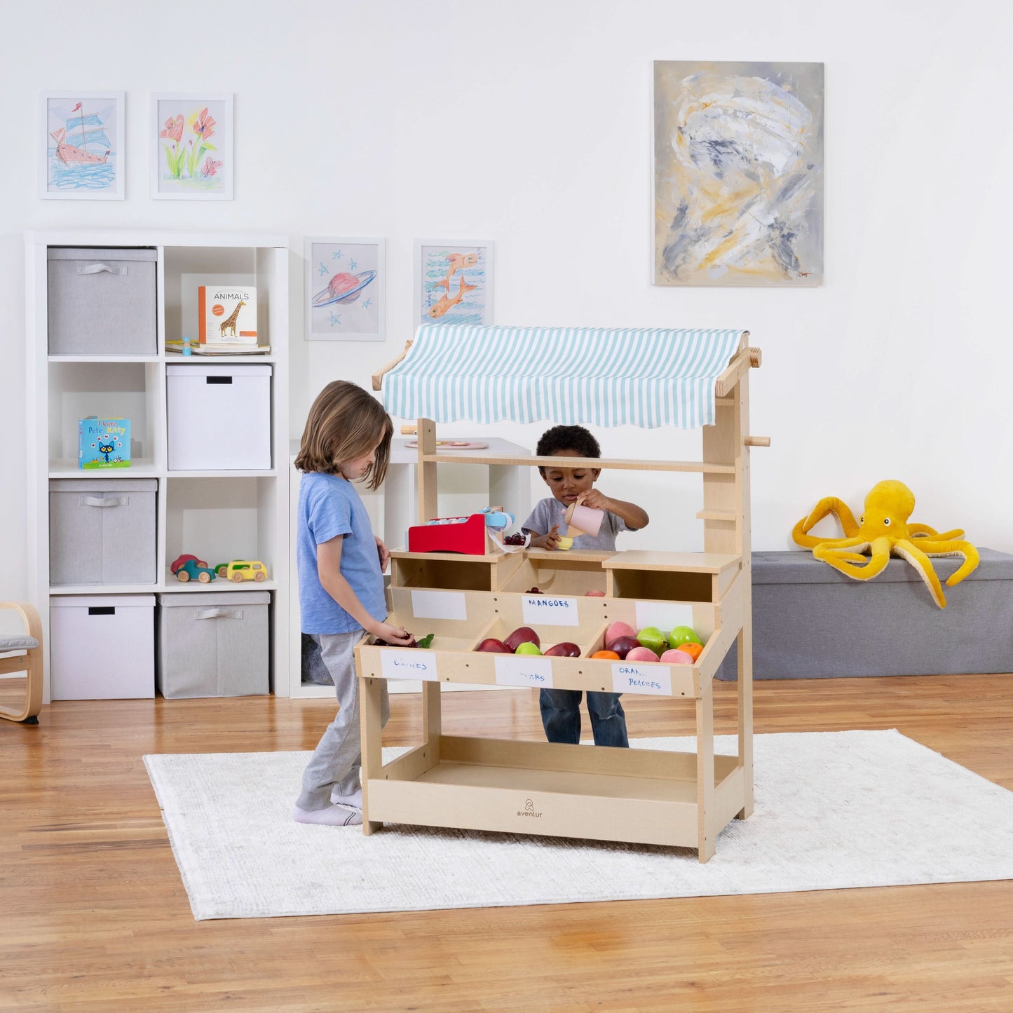 Wooden Market Stand – Pretend Play Shop for Kids with Storage
