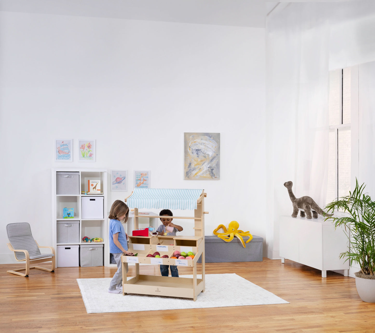 Wooden Market Stand – Pretend Play Shop for Kids with Storage