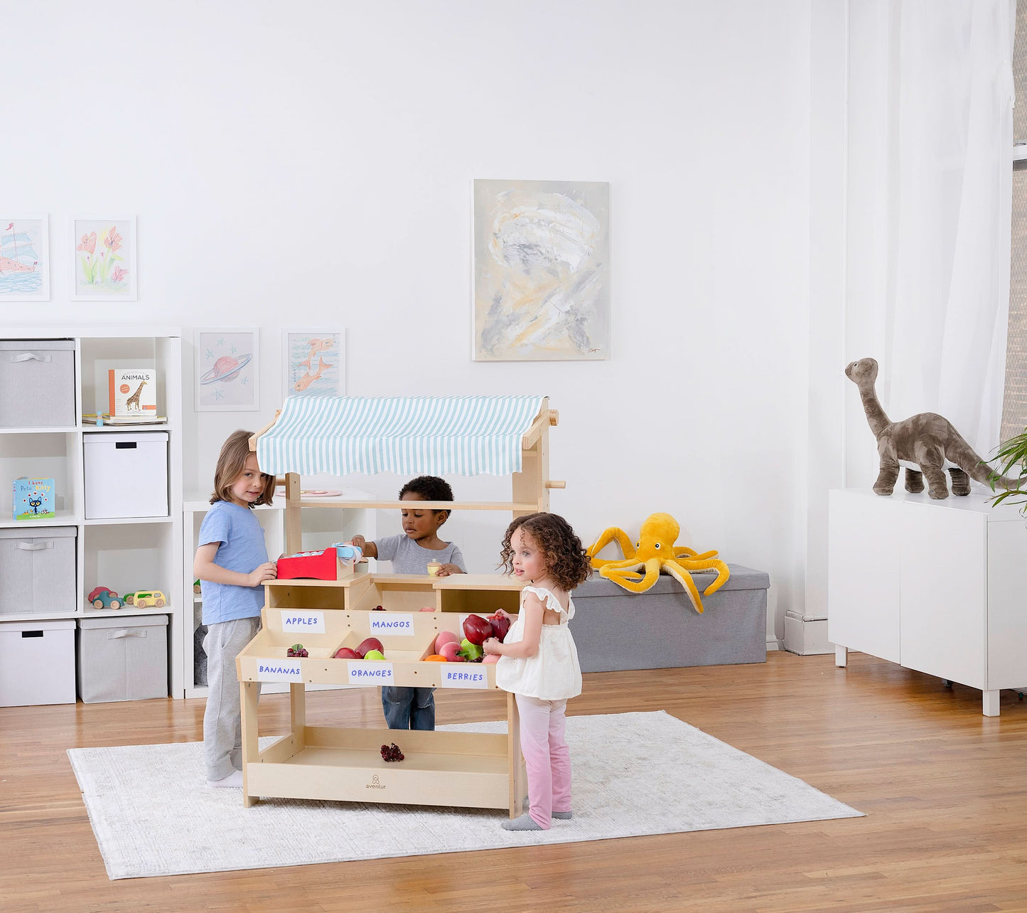 Wooden Market Stand – Pretend Play Shop for Kids with Storage