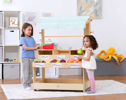 Wooden Market Stand – Pretend Play Shop for Kids with Storage