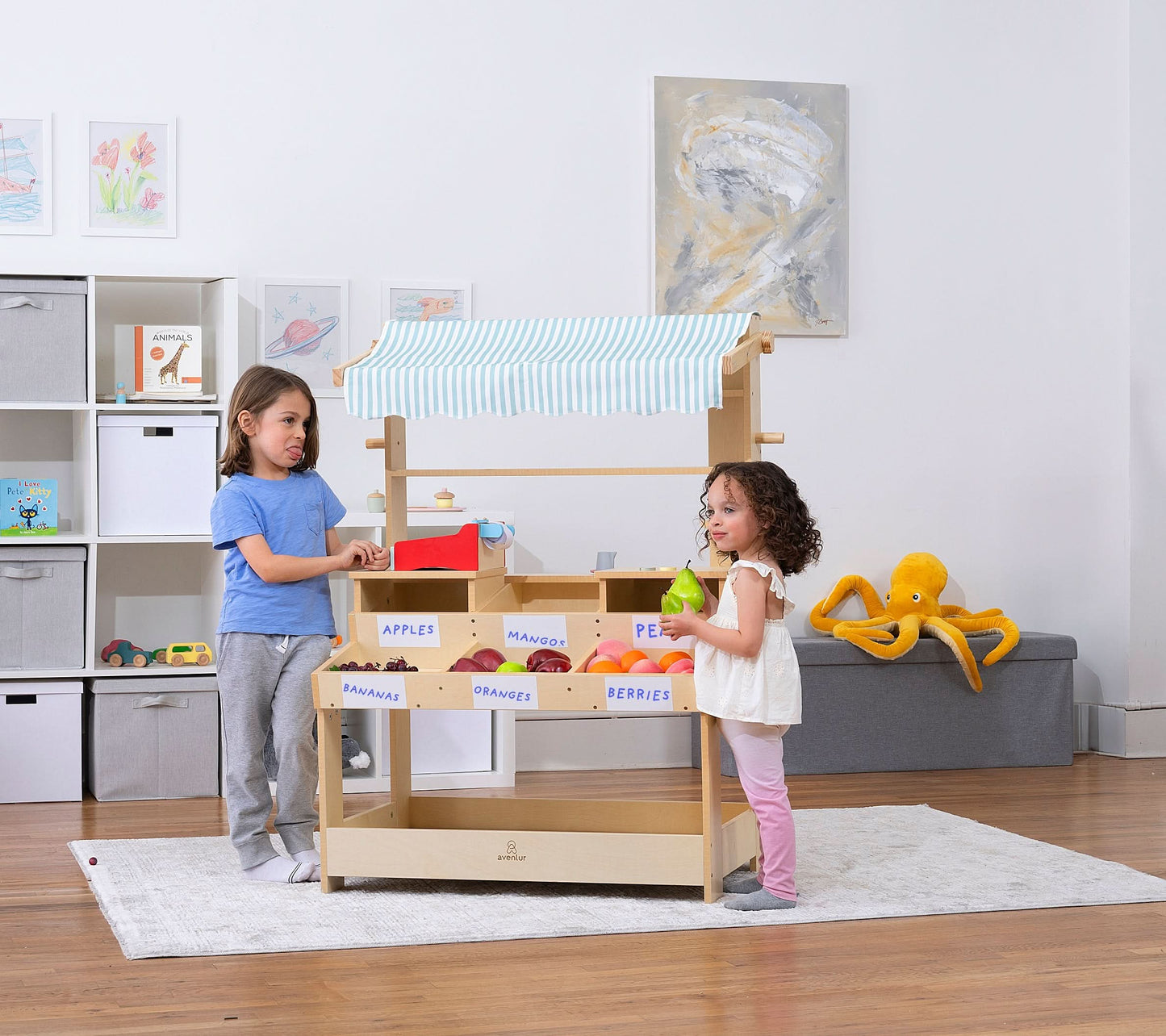 Wooden Market Stand – Pretend Play Shop for Kids with Storage