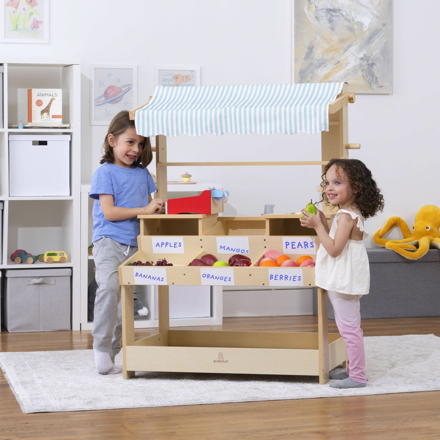 Wooden Market Stand – Pretend Play Shop for Kids with Storage