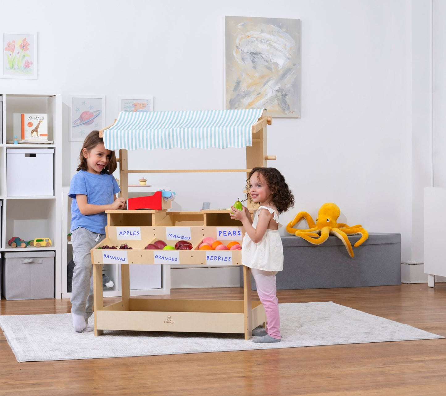 Wooden Market Stand – Pretend Play Shop for Kids with Storage
