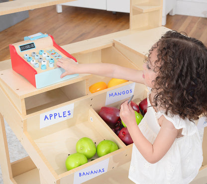 Wooden Market Stand – Pretend Play Shop for Kids with Storage