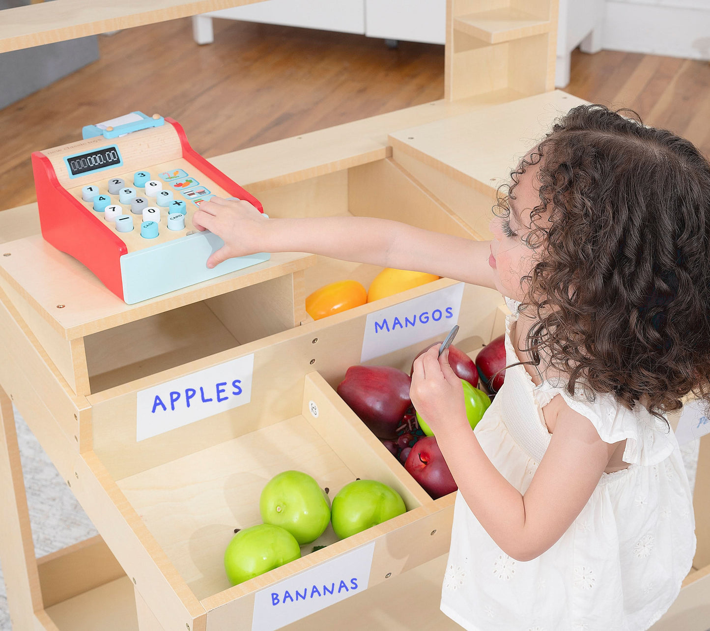 Wooden Market Stand – Pretend Play Shop for Kids with Storage