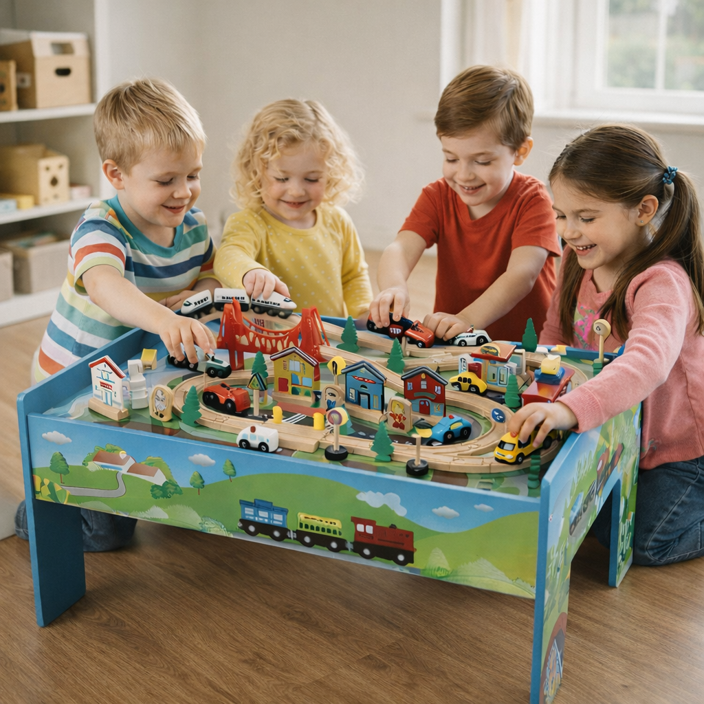 80-Piece Wooden Train Set and Table