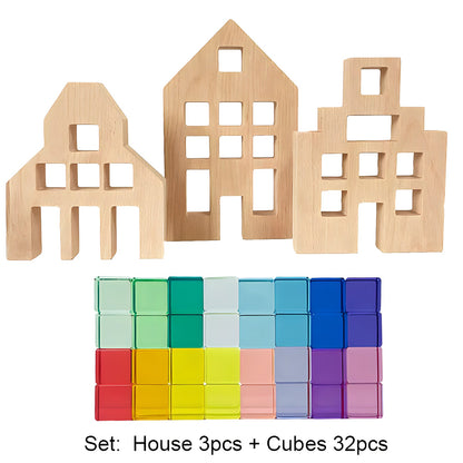 Dutch Wood Houses with Lucite Rainbow Cubes