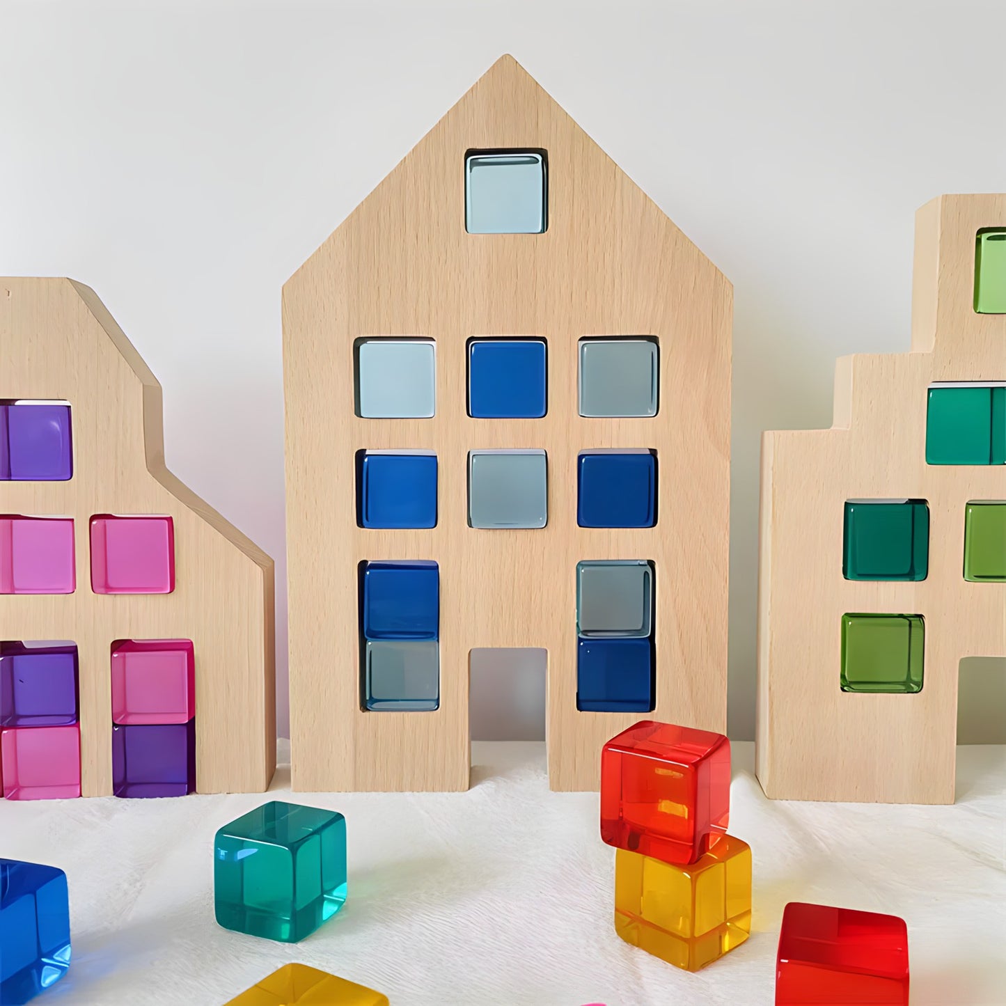 Dutch Wood Houses with Lucite Rainbow Cubes