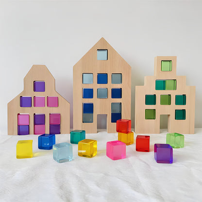 Dutch Wood Houses with Lucite Rainbow Cubes