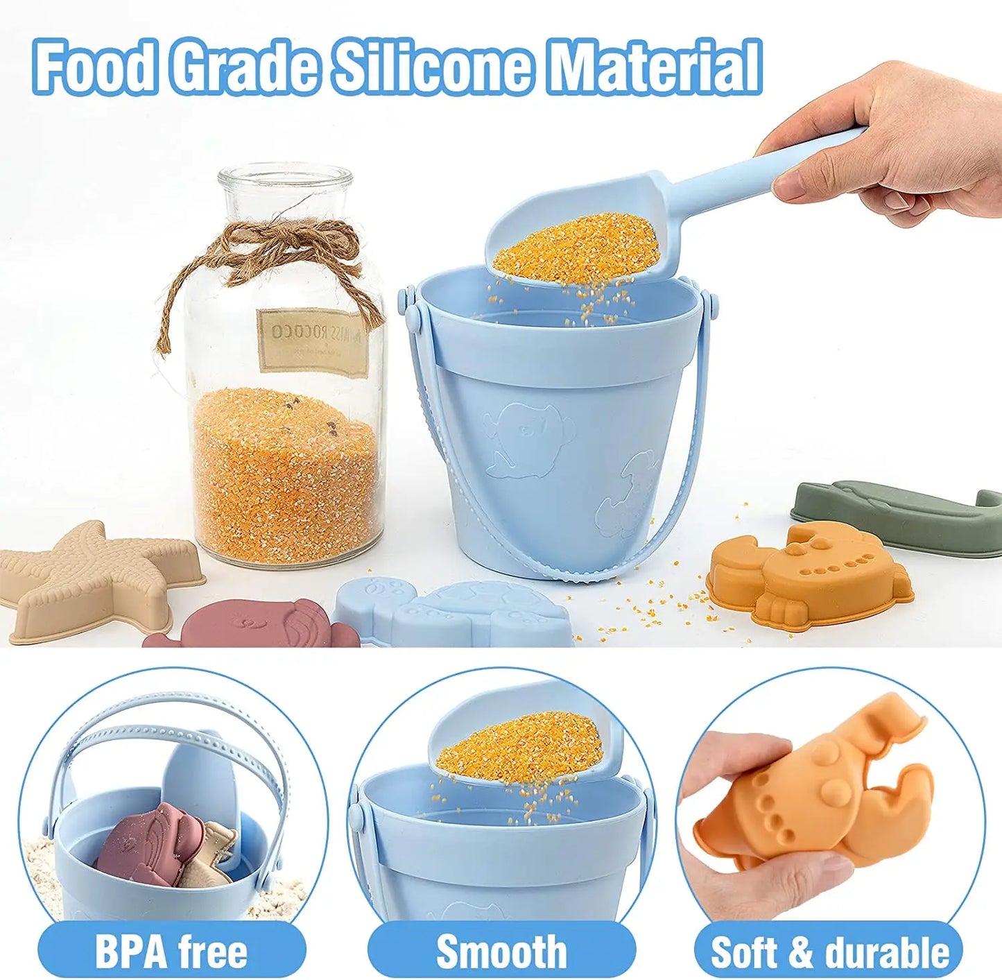 Silicone Beach Toys with Bucket, Shovel and Molds