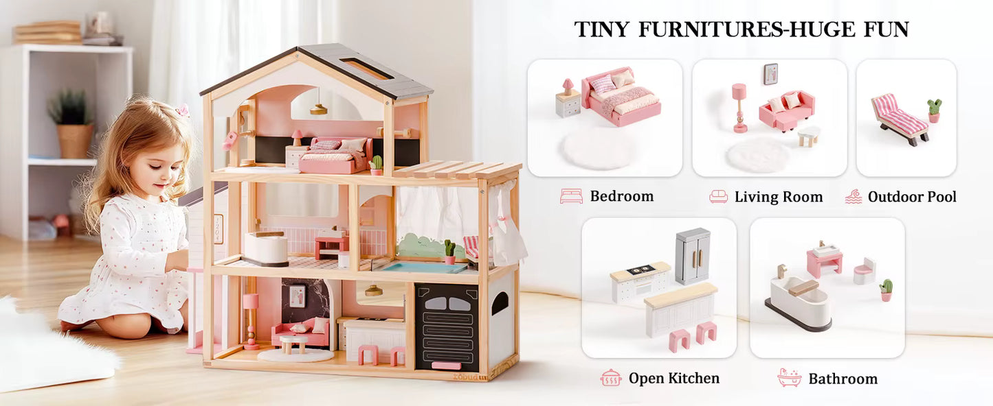 Wooden Bohemian Dollhouse With Accessories