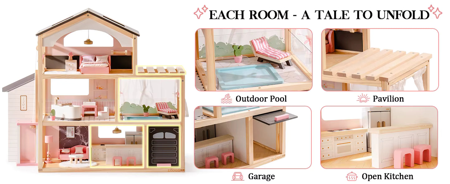 Wooden Bohemian Dollhouse With Accessories