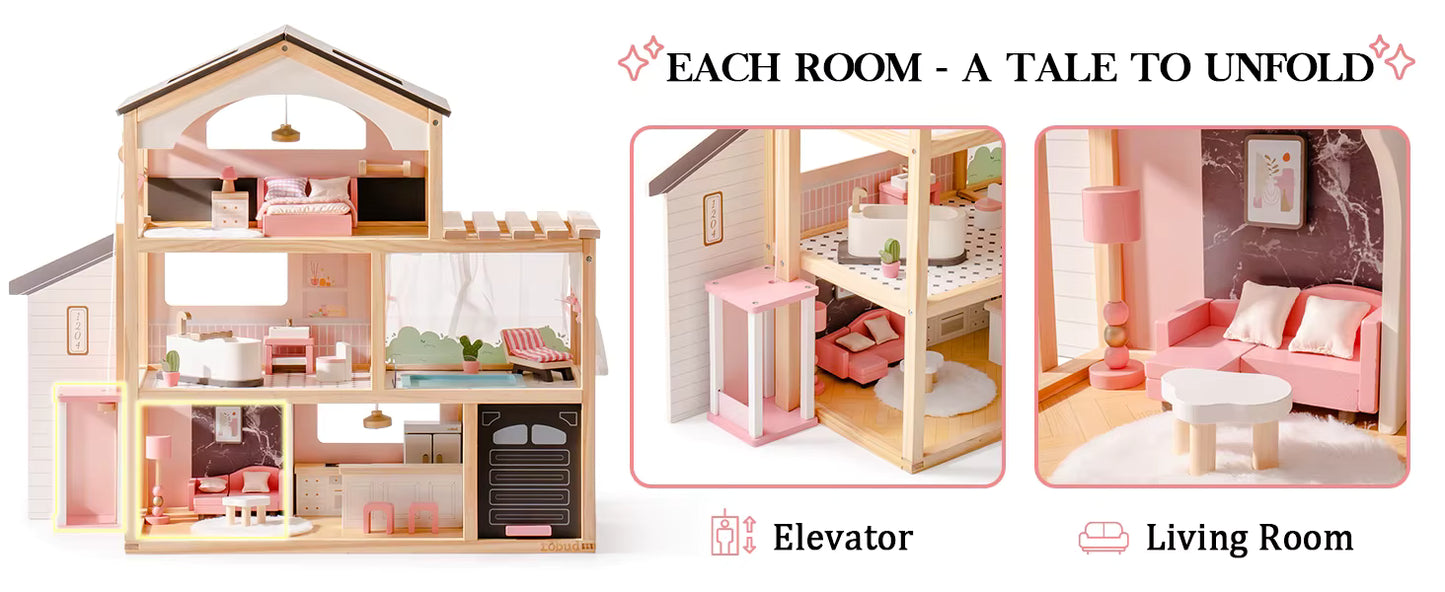 Wooden Bohemian Dollhouse With Accessories