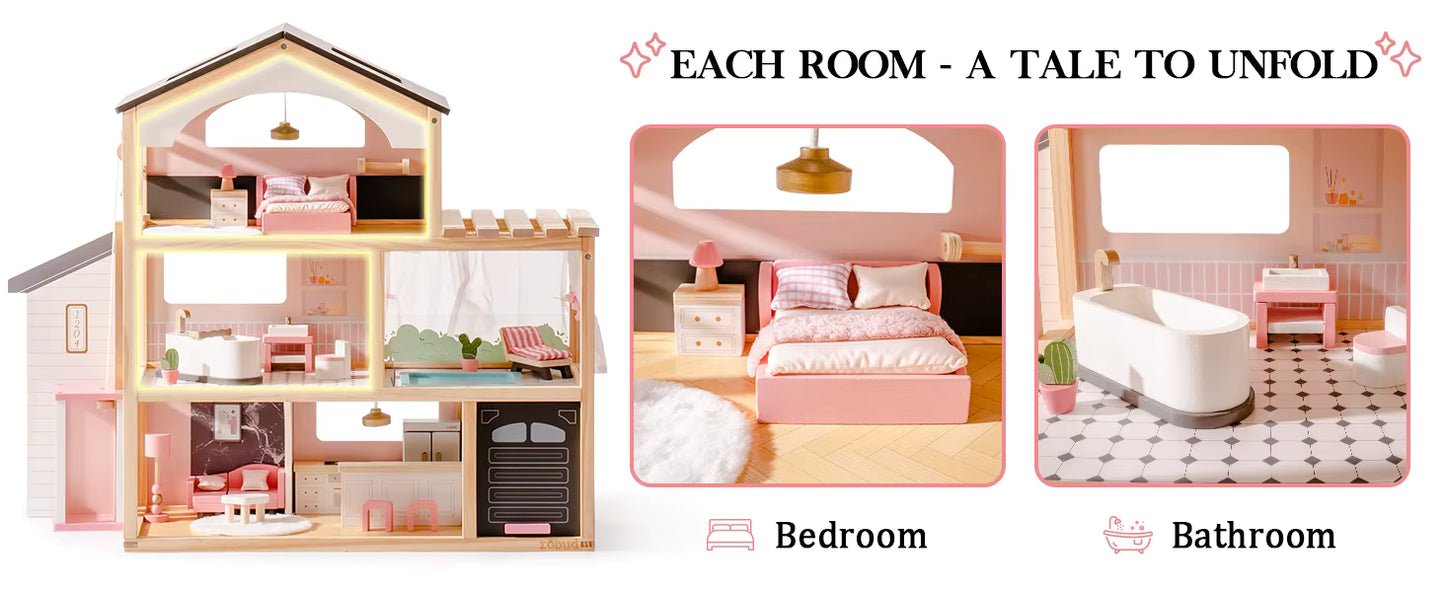 Wooden Bohemian Dollhouse With Accessories