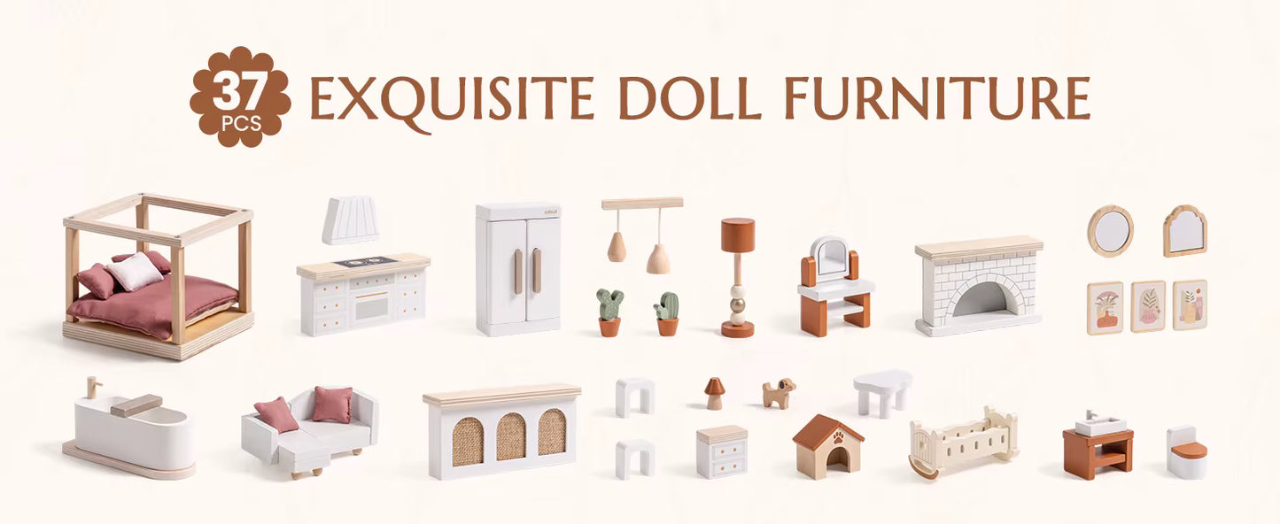 Wooden Bohemian Dollhouse With Accessories