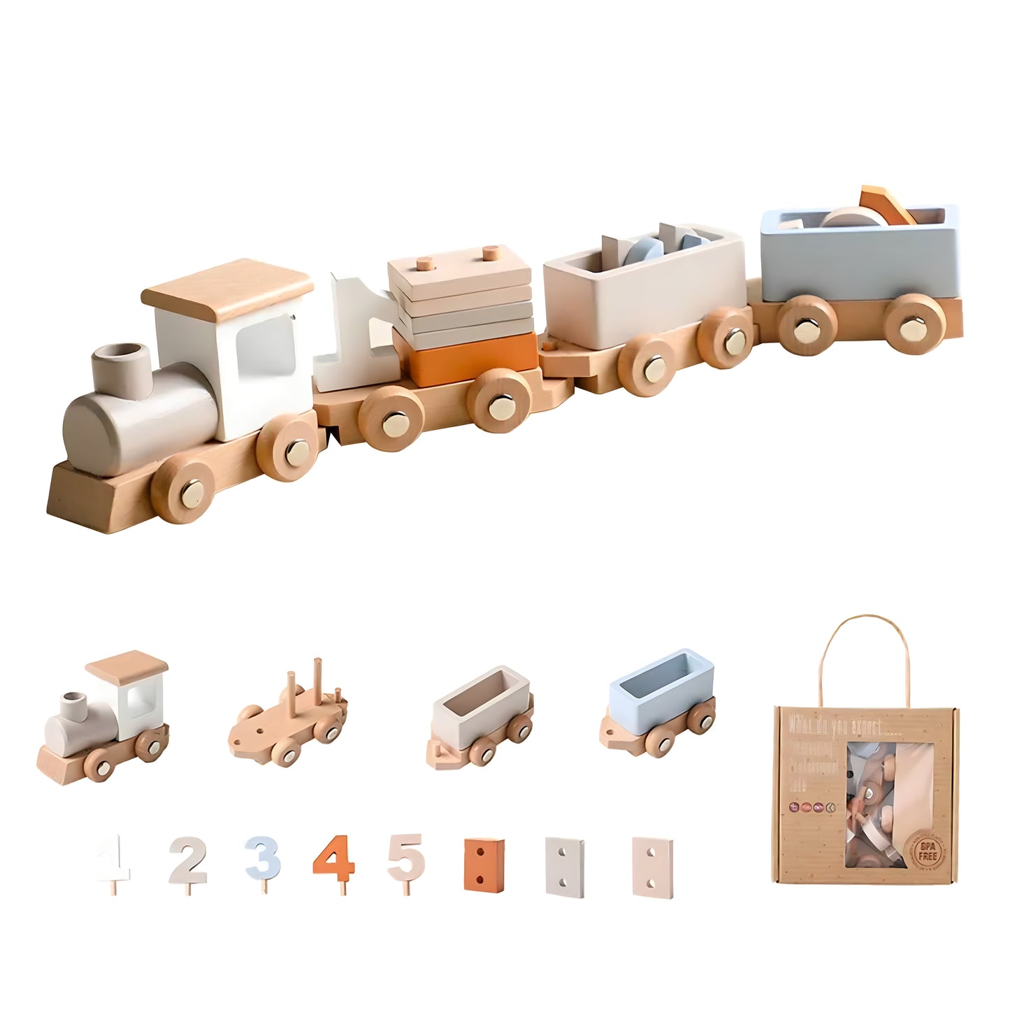 Small Wooden Train and Wooden Trailer Trolley Toys