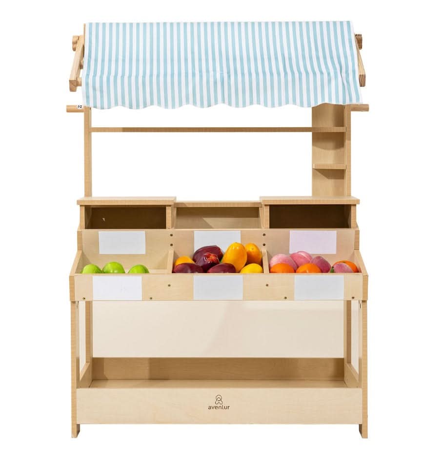 Wooden Market Stand – Pretend Play Shop for Kids with Storage