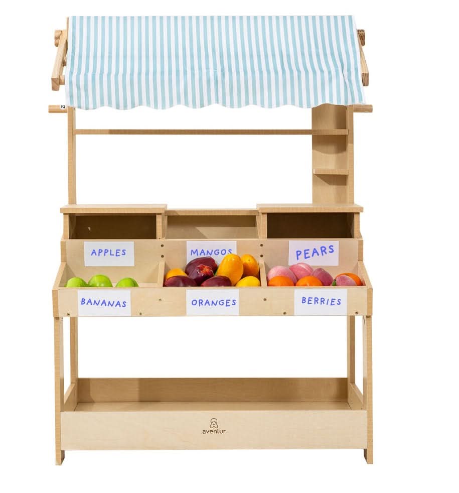 Wooden Market Stand – Pretend Play Shop for Kids with Storage