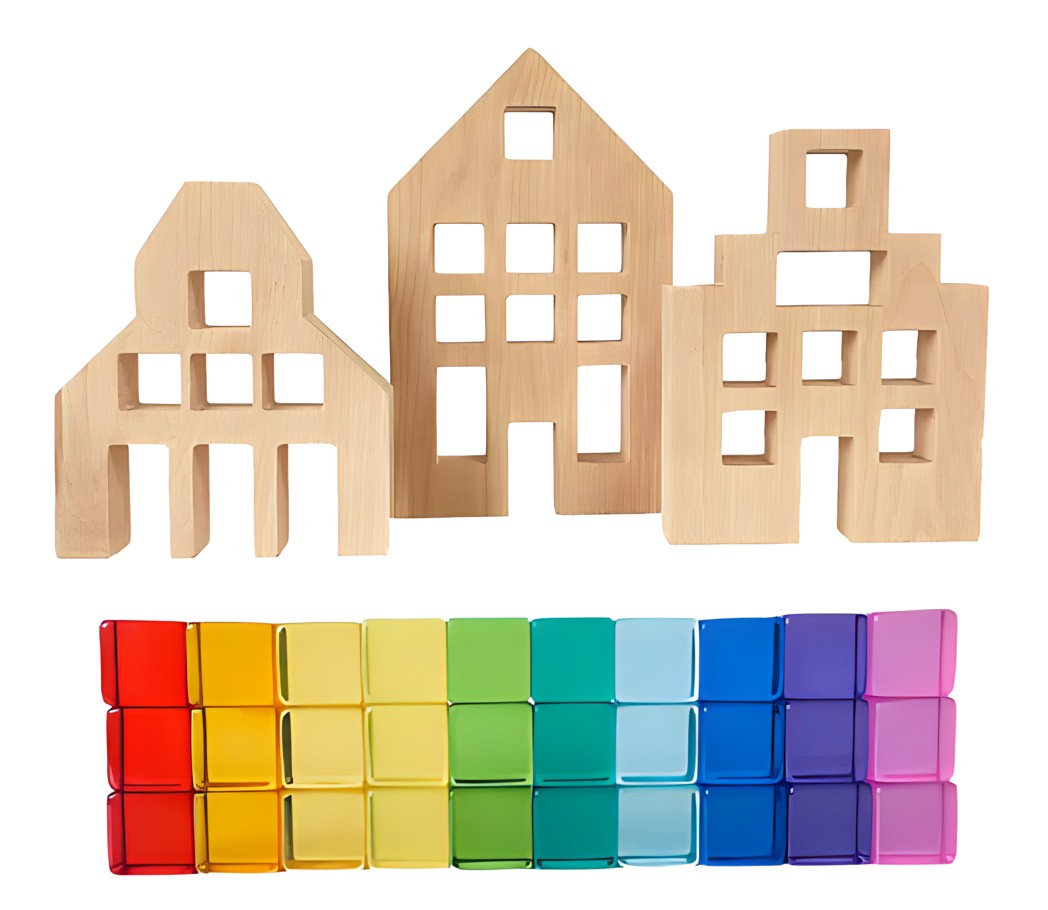 Dutch Wood Houses with Lucite Rainbow Cubes